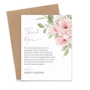 Light Pink Floral Wedding Thank You Cards with Message