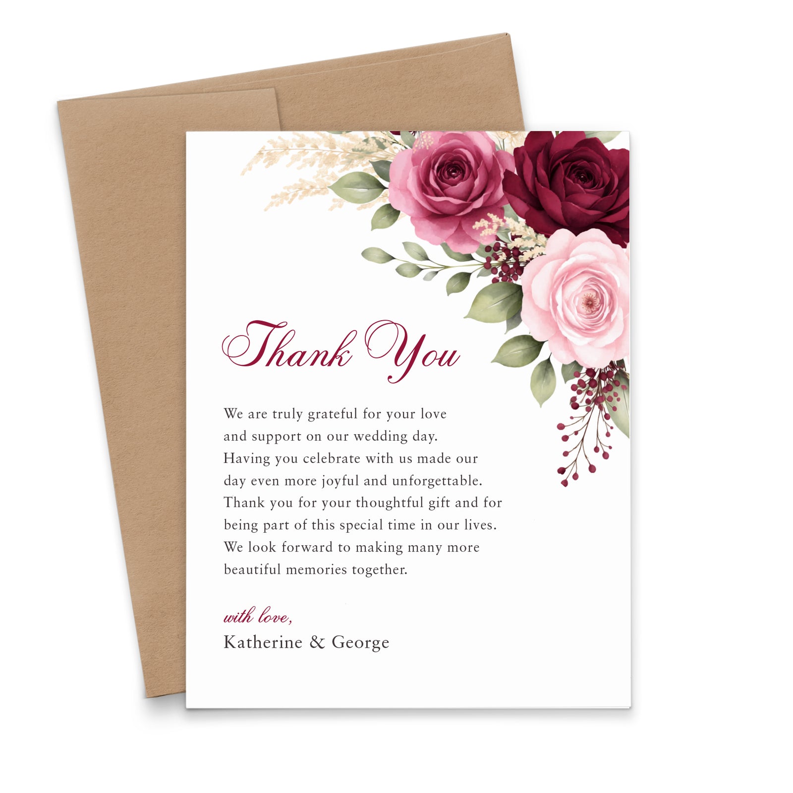 Burgundy and Pink Rose Personalized Wedding Thank You Cards