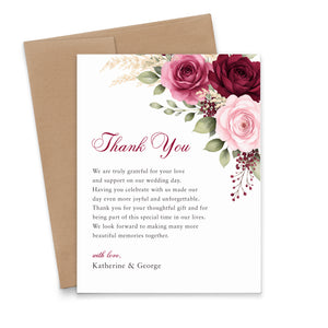 Burgundy and Pink Rose Personalized Wedding Thank You Cards