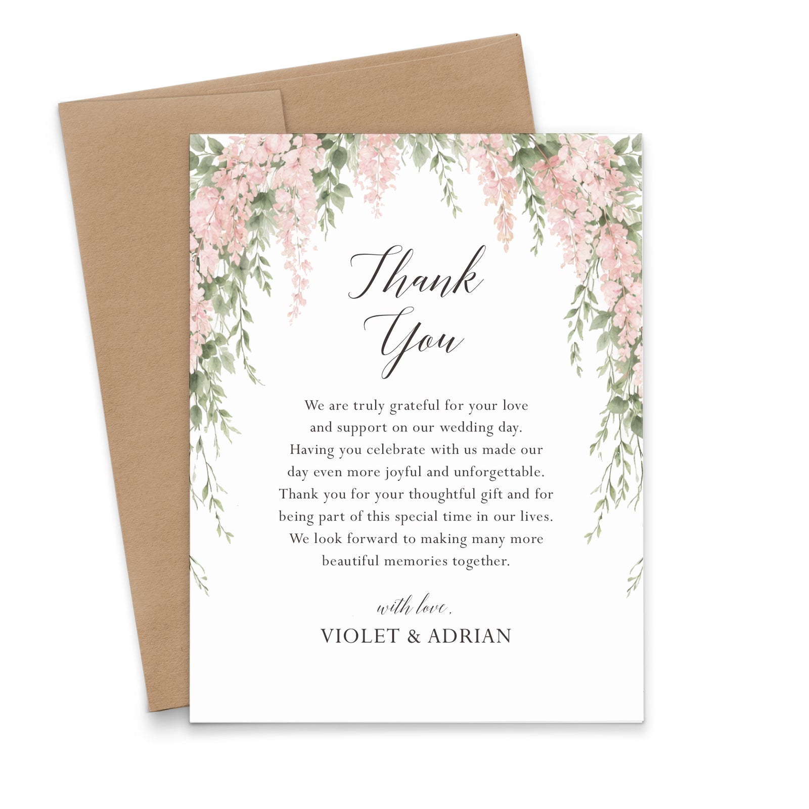 Pink Wisteria Watercolor Custom Wedding Thank You Cards