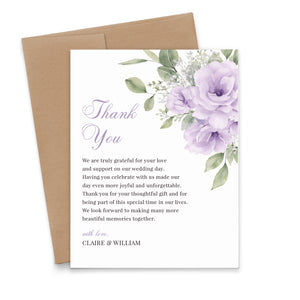 Purple Floral Wedding Thank You Cards with Message