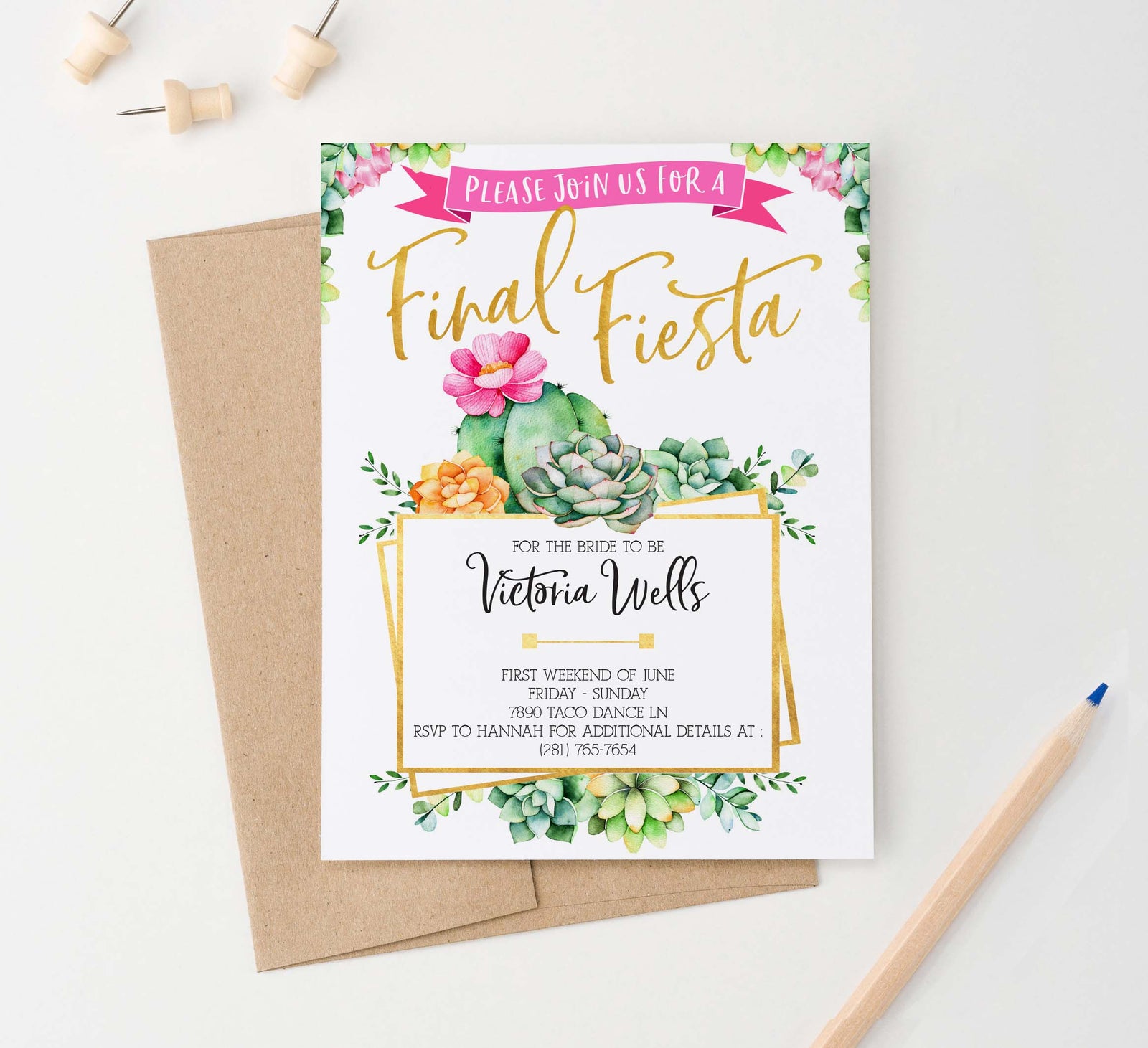 BACI005 final fiesta bachelorette party invites with cactus elegant succulents