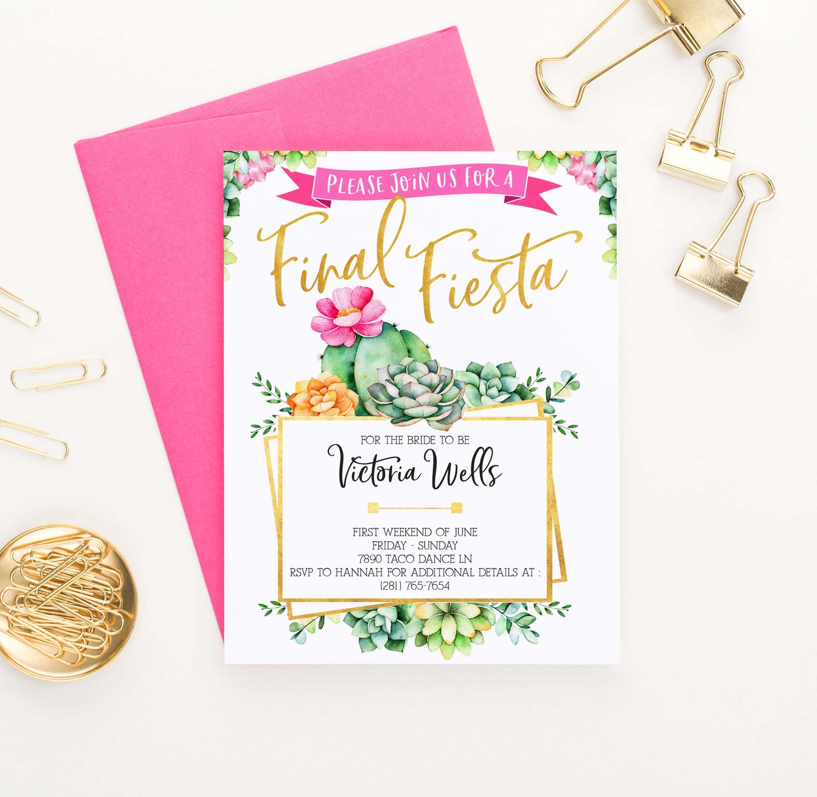BACI005 final fiesta bachelorette party invites with cactus elegant succulents