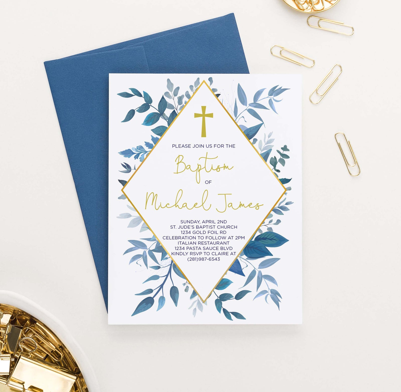 BAP1013 elegant blue greenery baptism invite set personalized gold cross girl boy 1