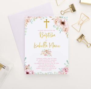 Personalized Gold Baptism Invites With Pink Florals