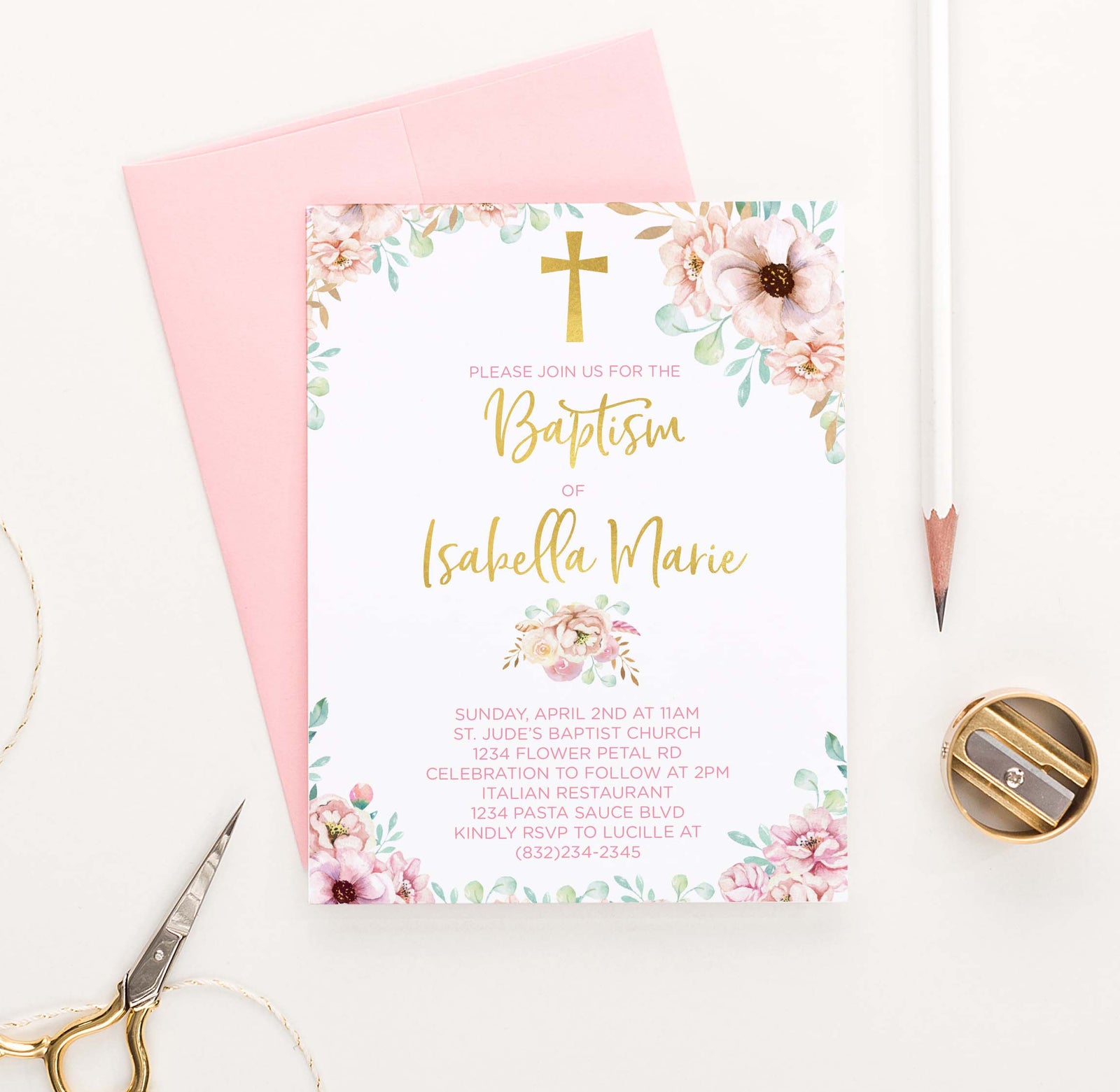 Personalized Gold Baptism Invites With Pink Florals