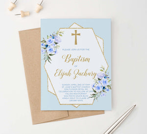 BAP1023 elegant blue floral baptism invites with gold glitter geometric