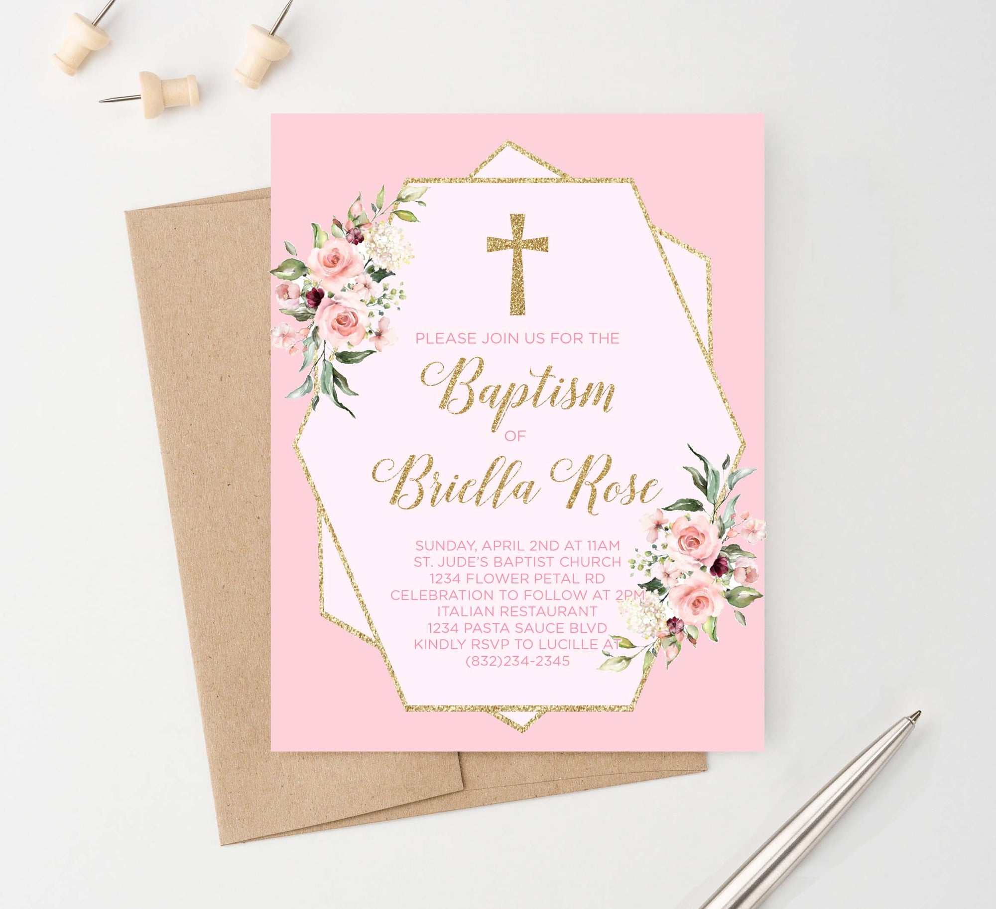 BAP1024 pink floral baptism invites with gold glitter elegant geometric