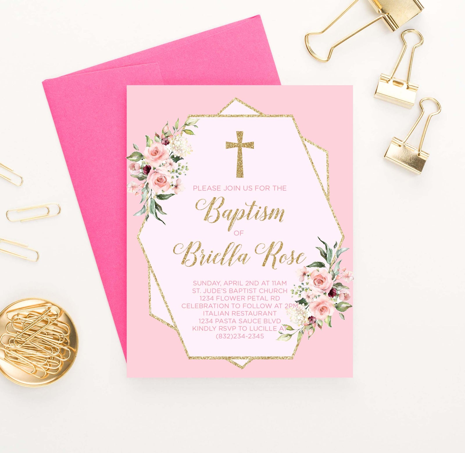 BAP1024 pink floral baptism invites with gold glitter elegant geometric