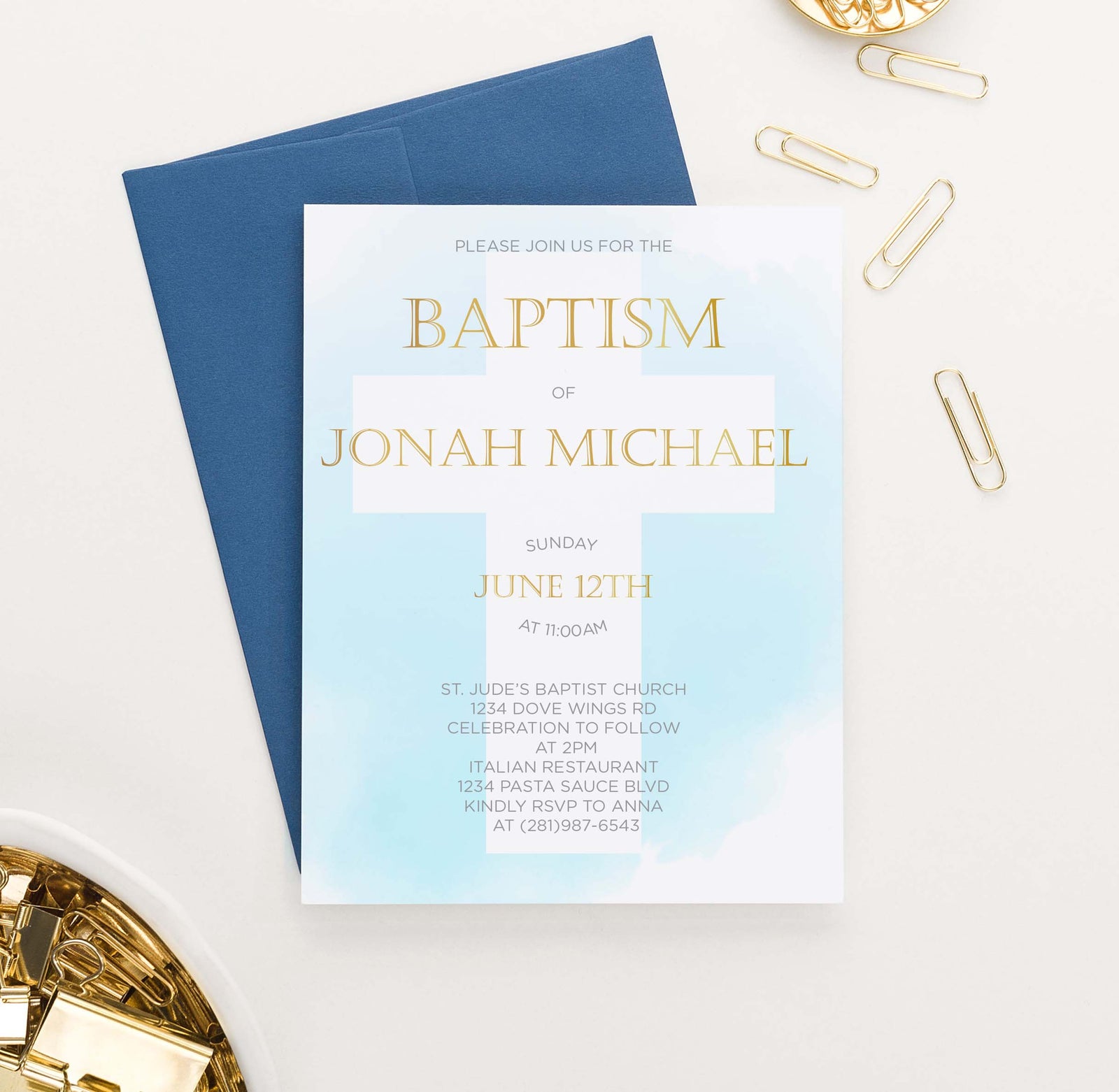 BAP1034 blue watercolor cross baptism invites for boys gold