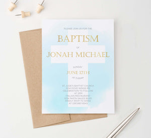 BAP1034 blue watercolor cross baptism invites for boys gold