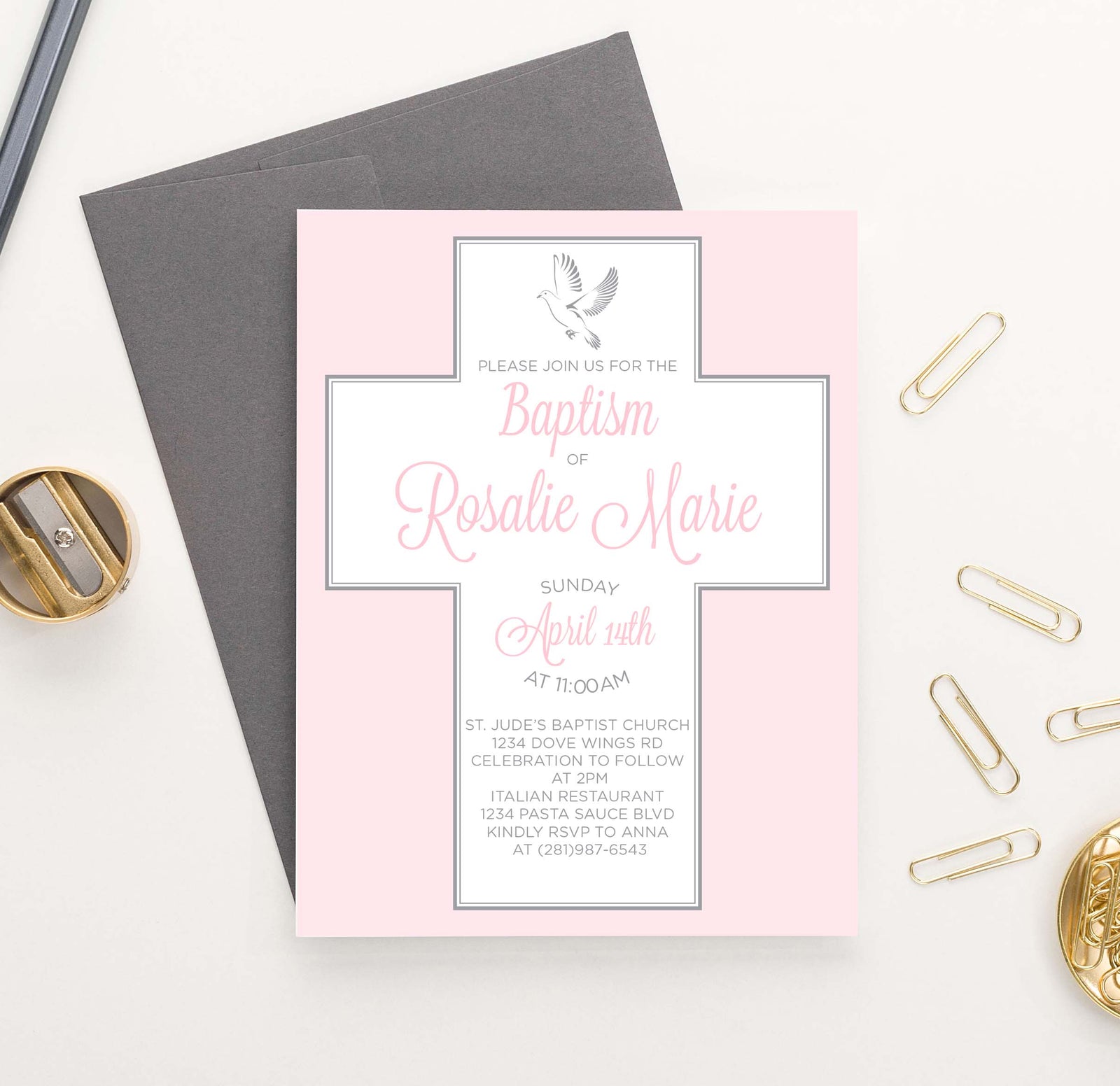 BAP1035 girls simple pink cross baptism invites personalized modern 1