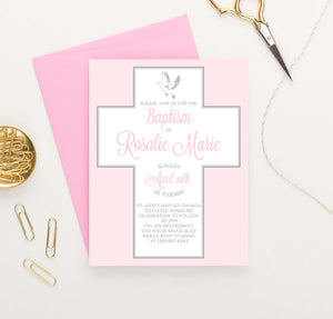 BAP1035 girls simple pink cross baptism invites personalized modern
