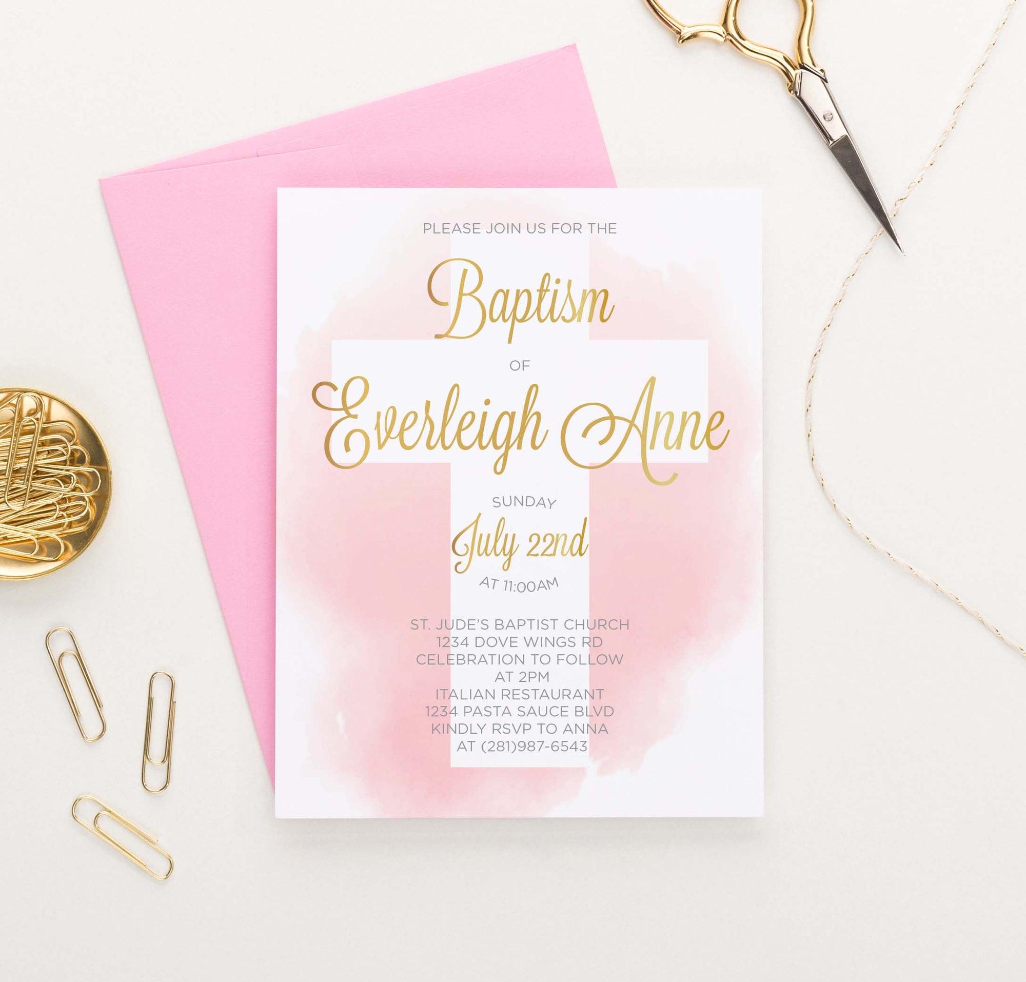 BAP1043 girls baptism invitation with pink watercolor cross 1