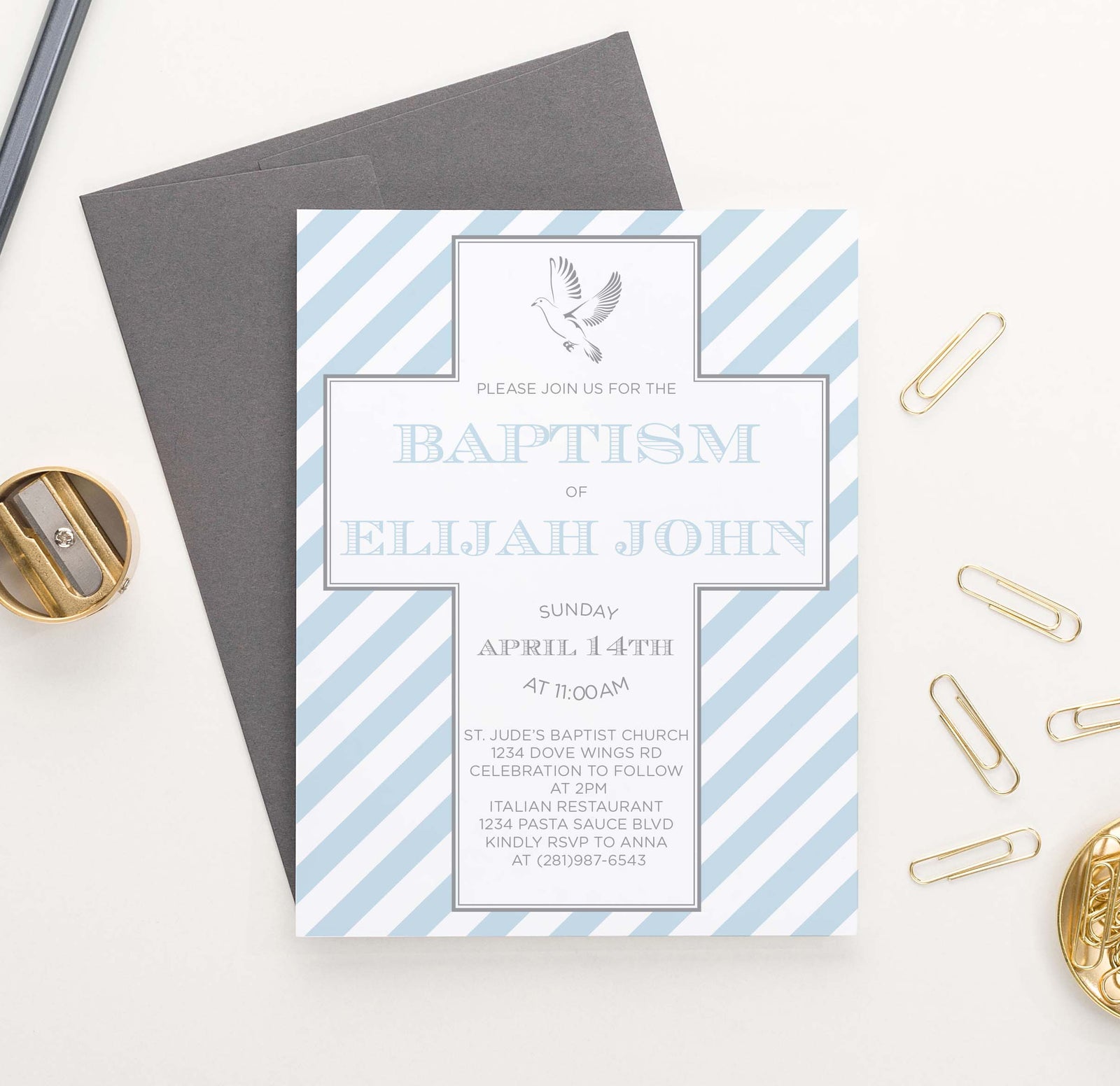 BAP1044 baby blue striped baptism invite with cross boy