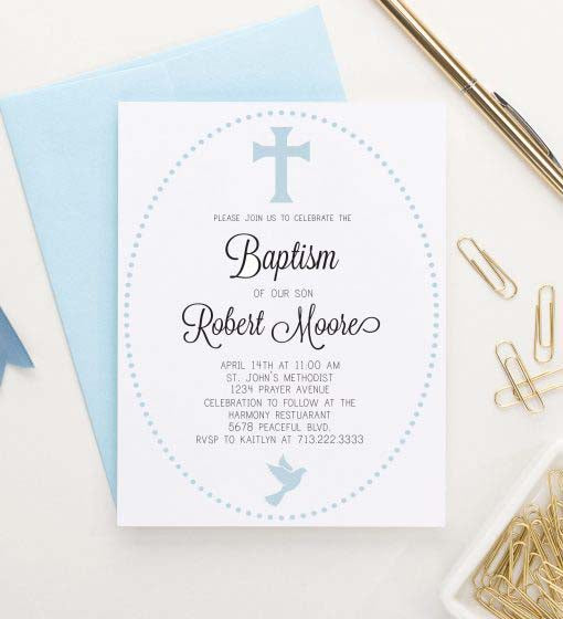 BAPI007 personalized polka dot border baptism invites for boy
