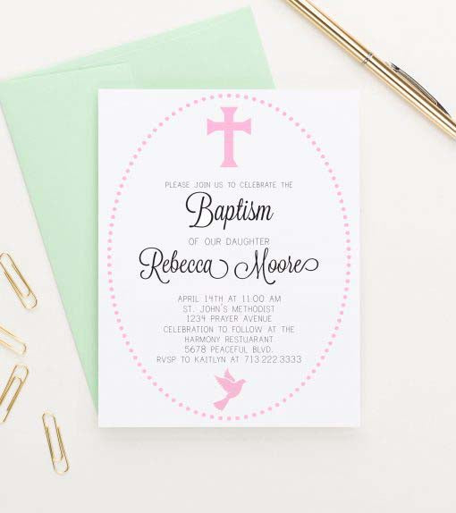 BAPI008 polka dot border baptism invites for girls