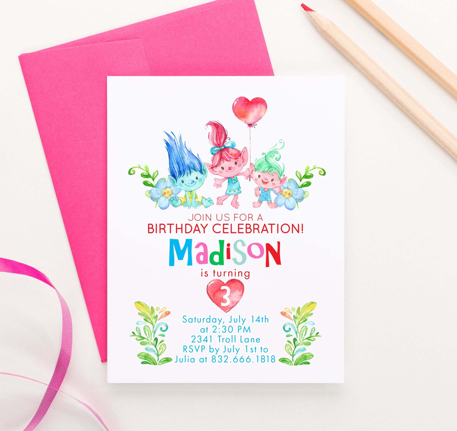 Trolls Birthday Party Invites Personalized