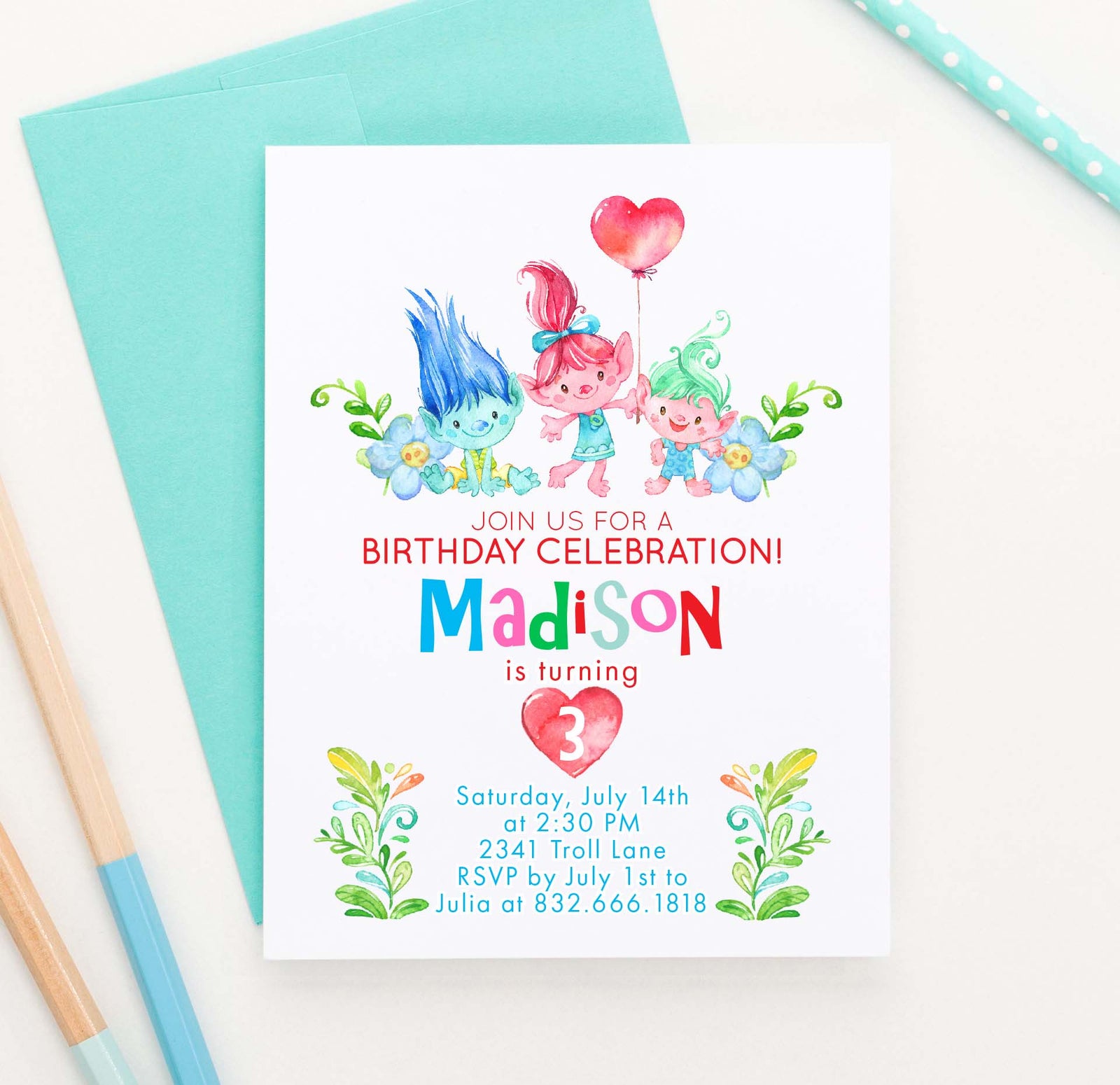 Trolls Birthday Party Invites Personalized
