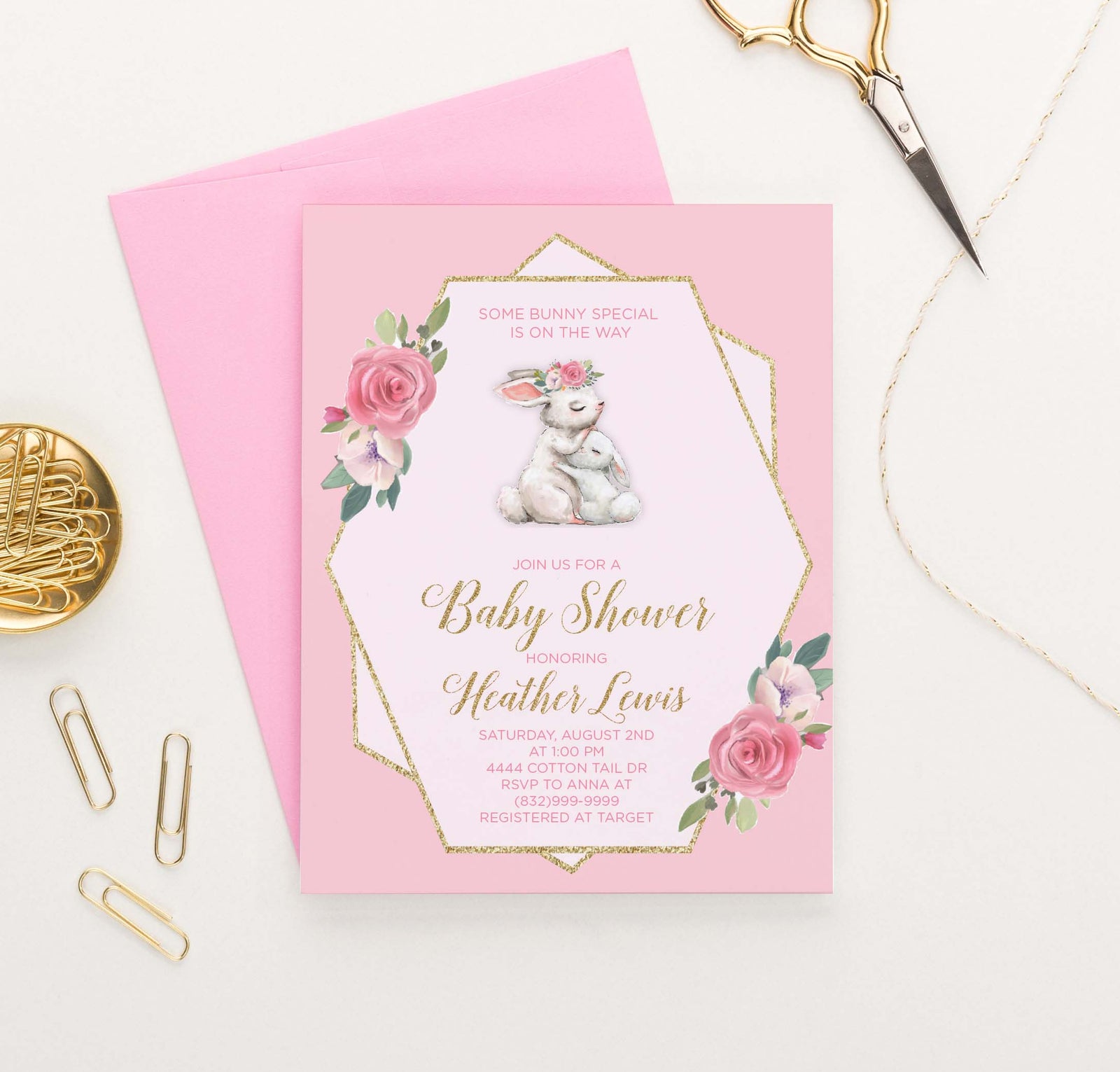 BI030 elegant bunny baby shower invitation personalzed floral rabbit gold glitter 1