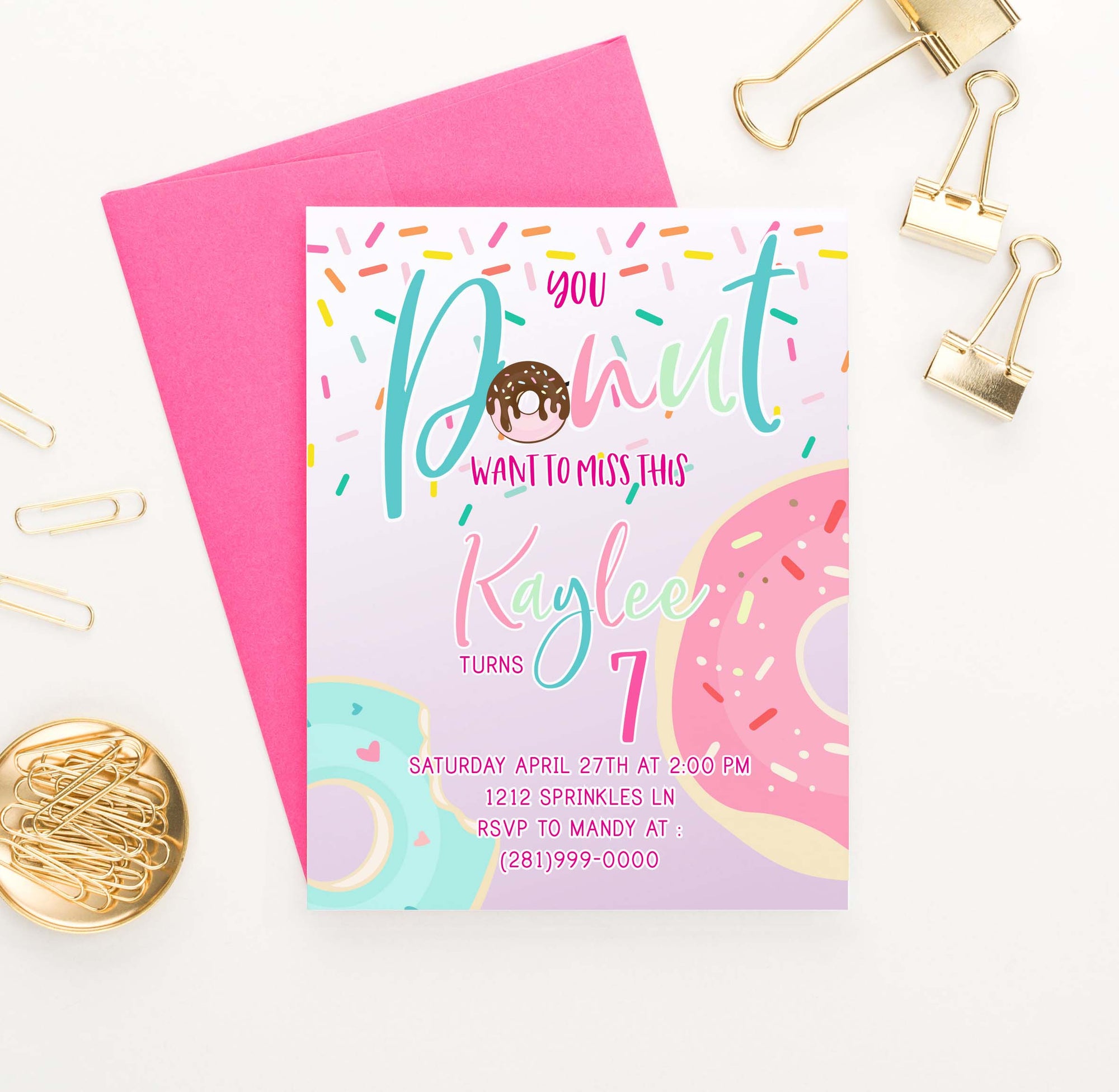 BI033 donut birthday party invitations personalized cute sprinkles 1
