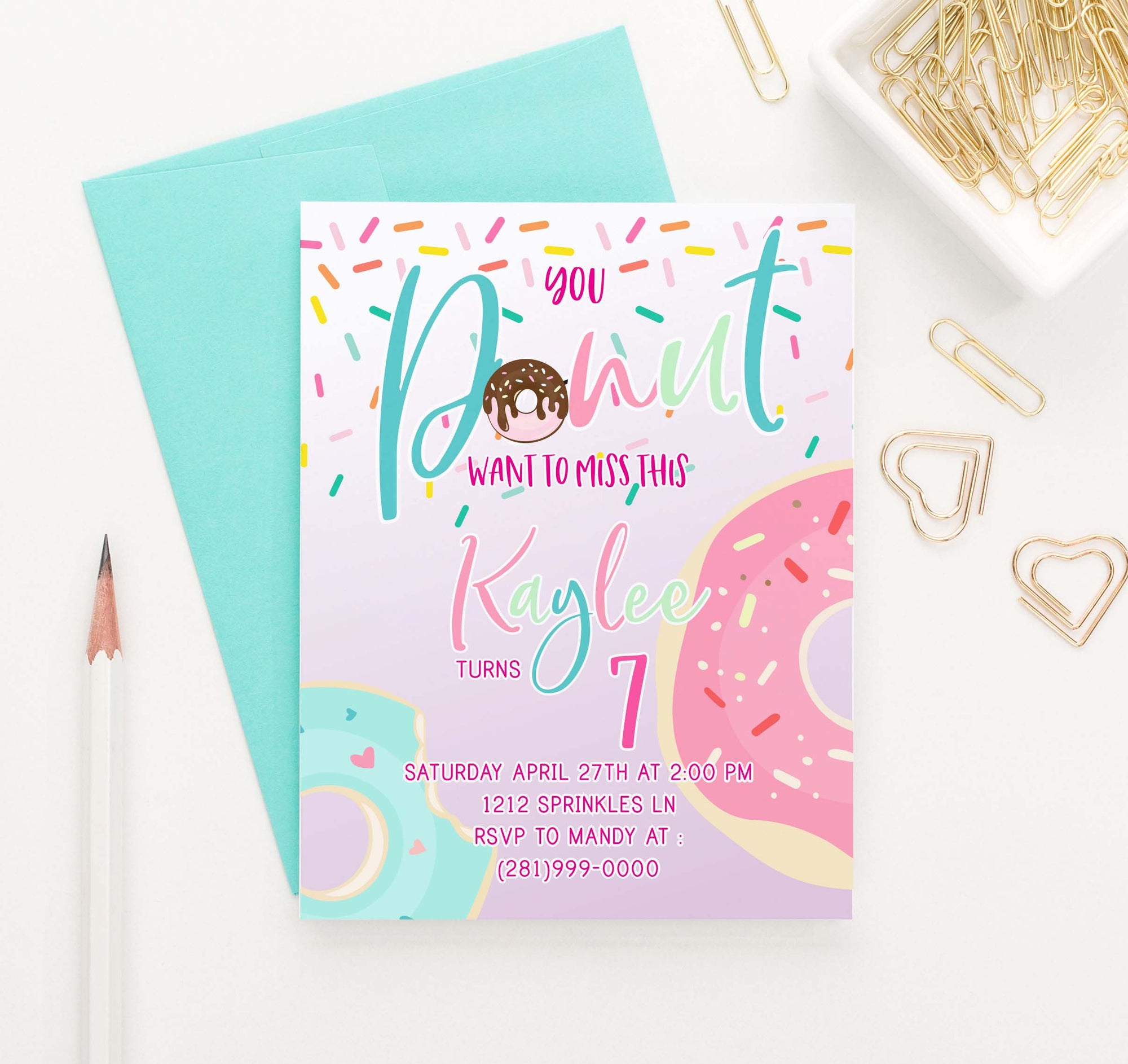 BI033 donut birthday party invitations personalized cute sprinkles 1
