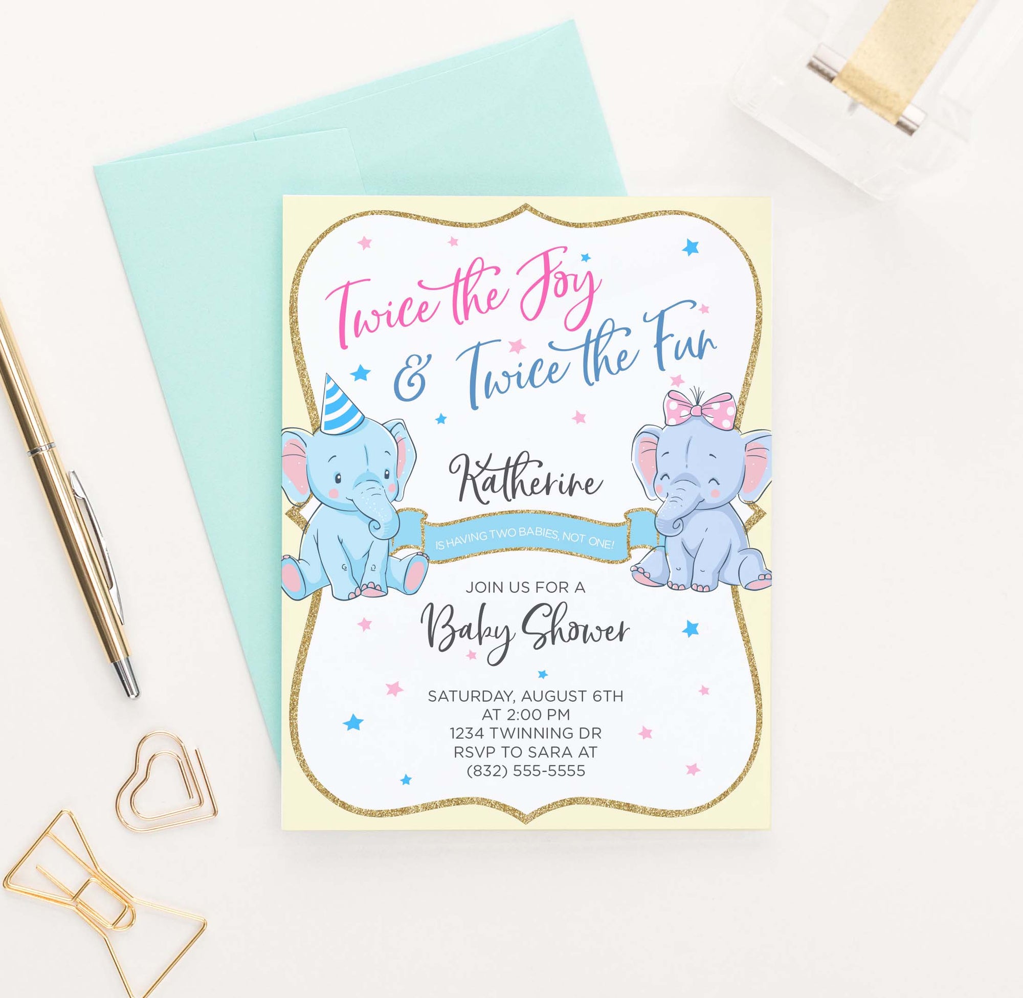 BI033 elephant baby shower invitation for twins pink yellow