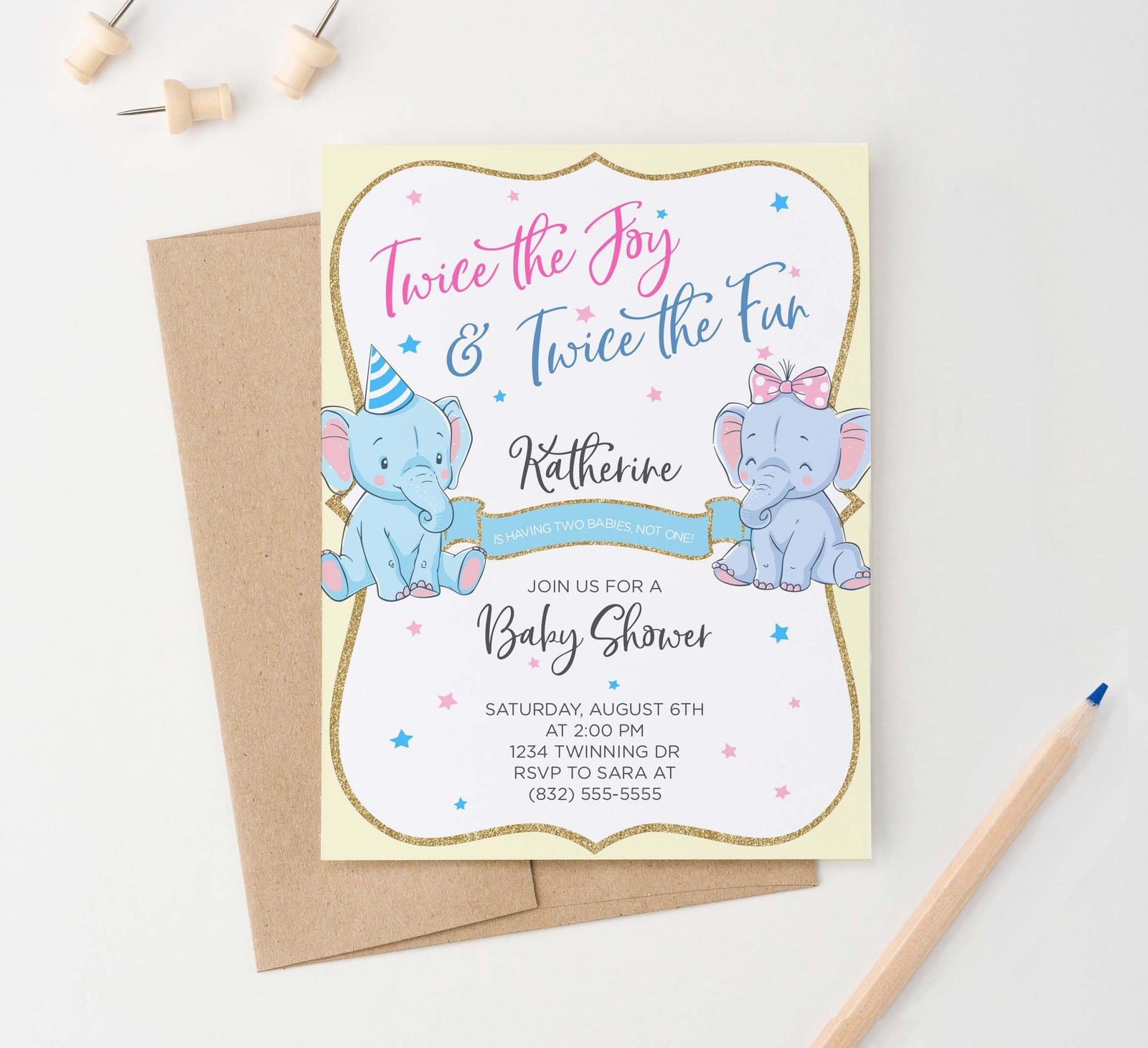 BI033 elephant baby shower invitation for twins pink yellow