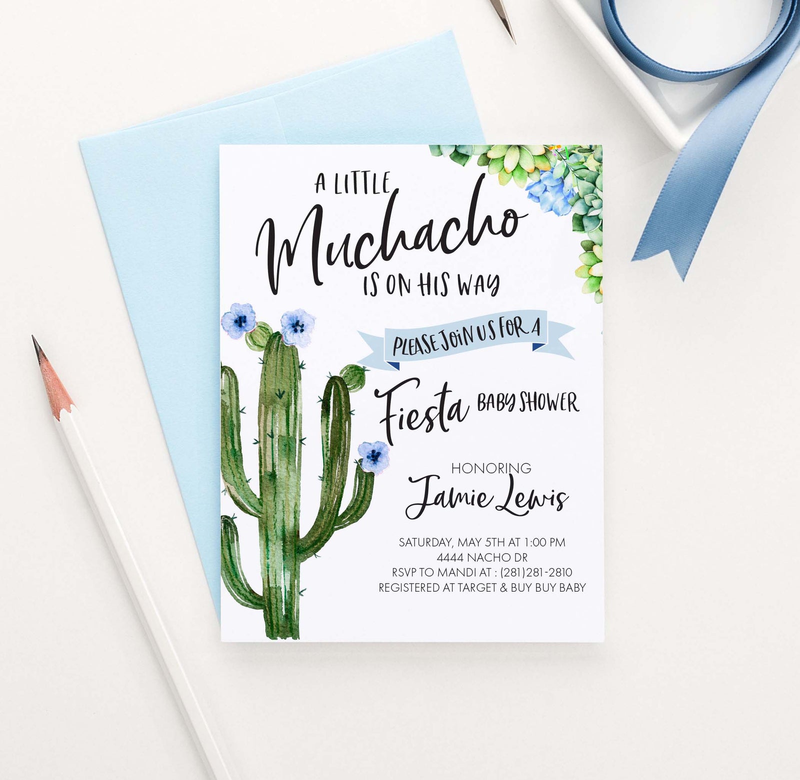 BI034 cactus fiesta baby shower invitation for boy elegant succulents