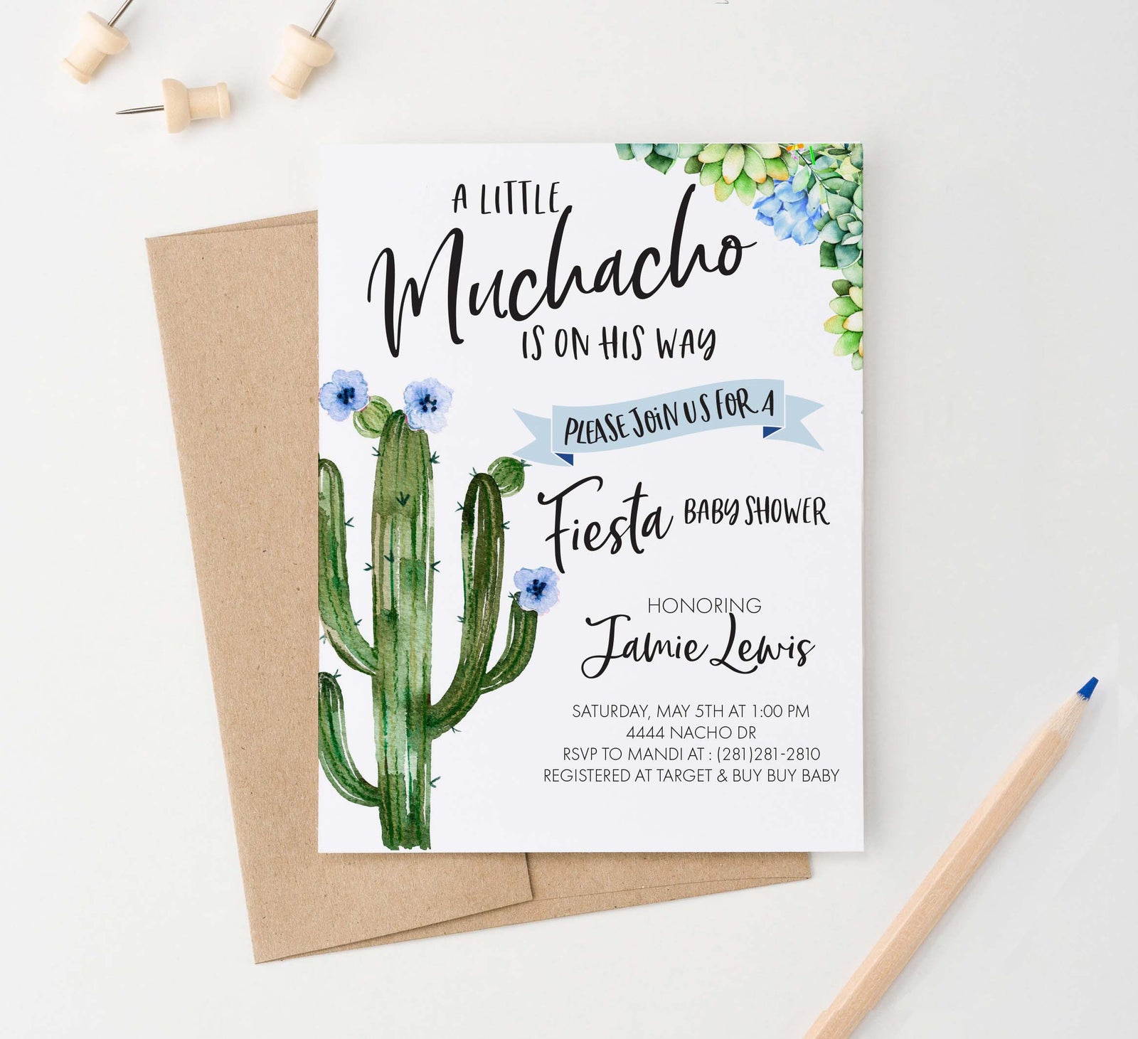 BI034 cactus fiesta baby shower invitation for boy elegant succulents