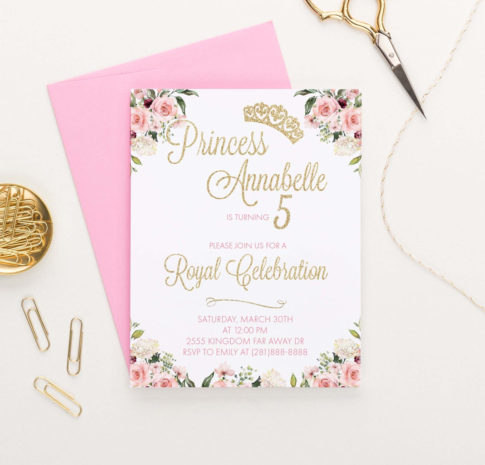 Personalized Princess Birthday Party Invites with Floral Corners