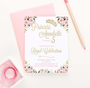 Personalized Princess Birthday Party Invites with Floral Corners