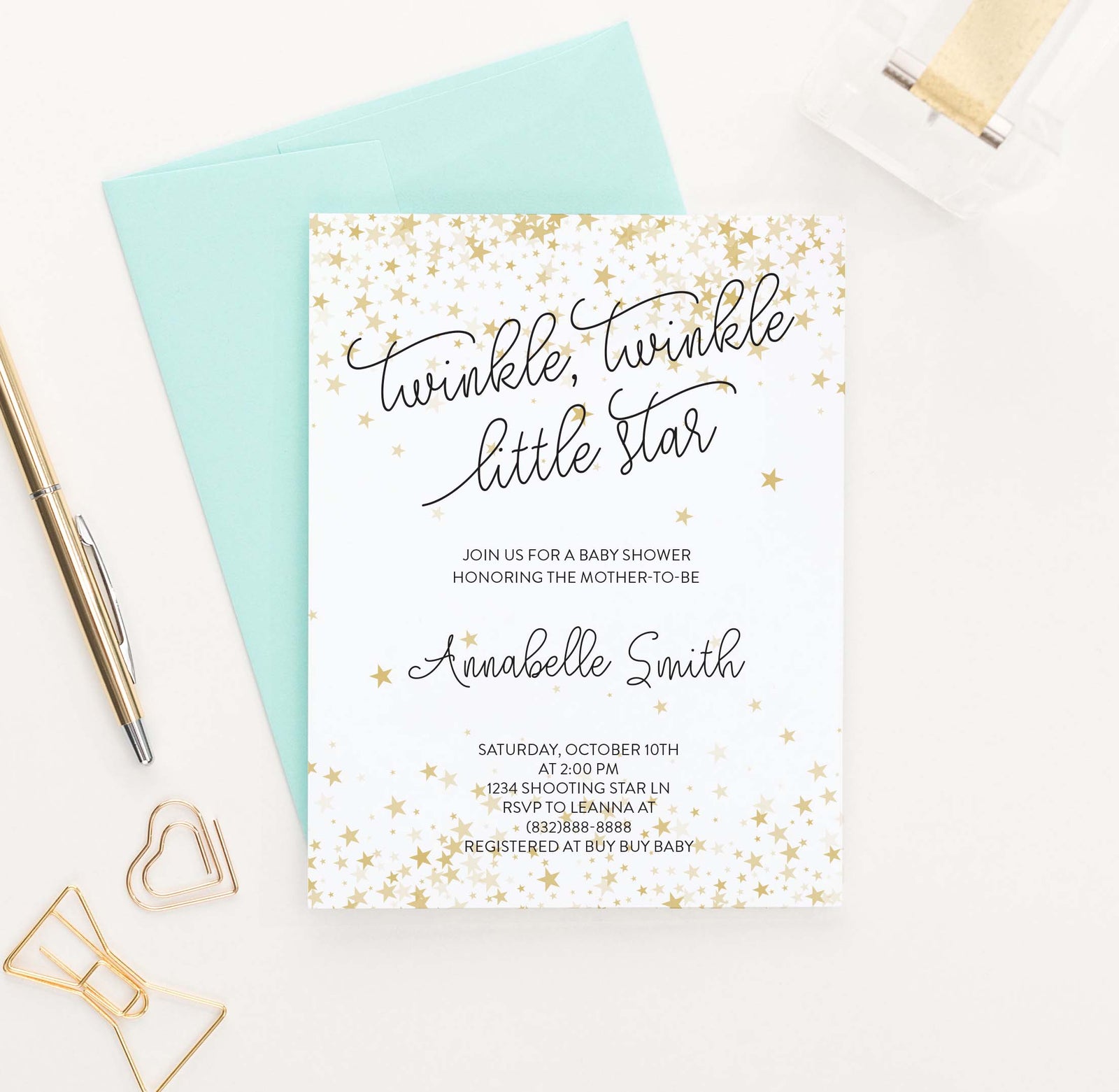 BI039 gold stars baby shower invitation personalized elegant star twinkle