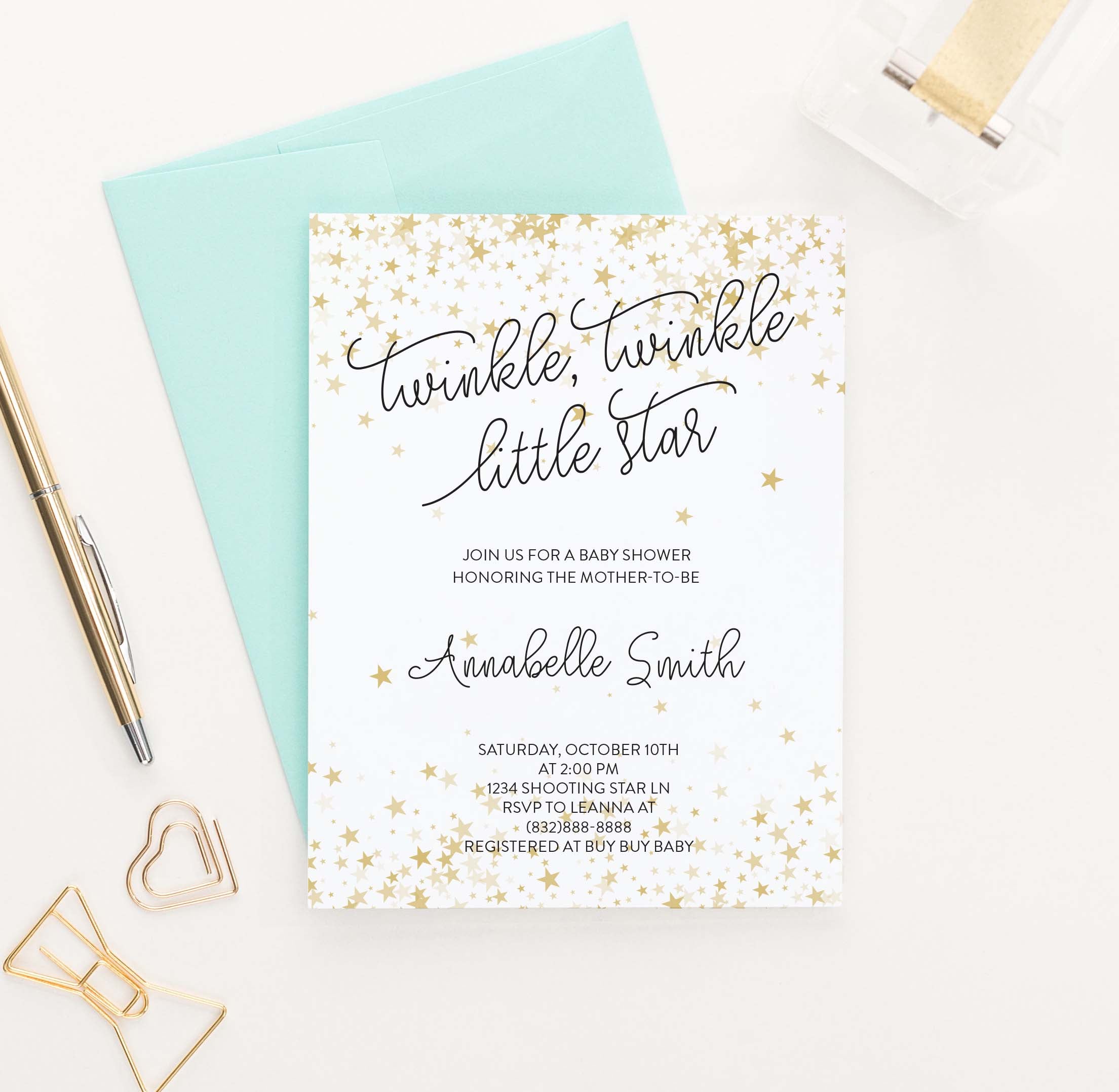 Gold Stars Baby Shower Invitation Personalized - Modern Pink Paper