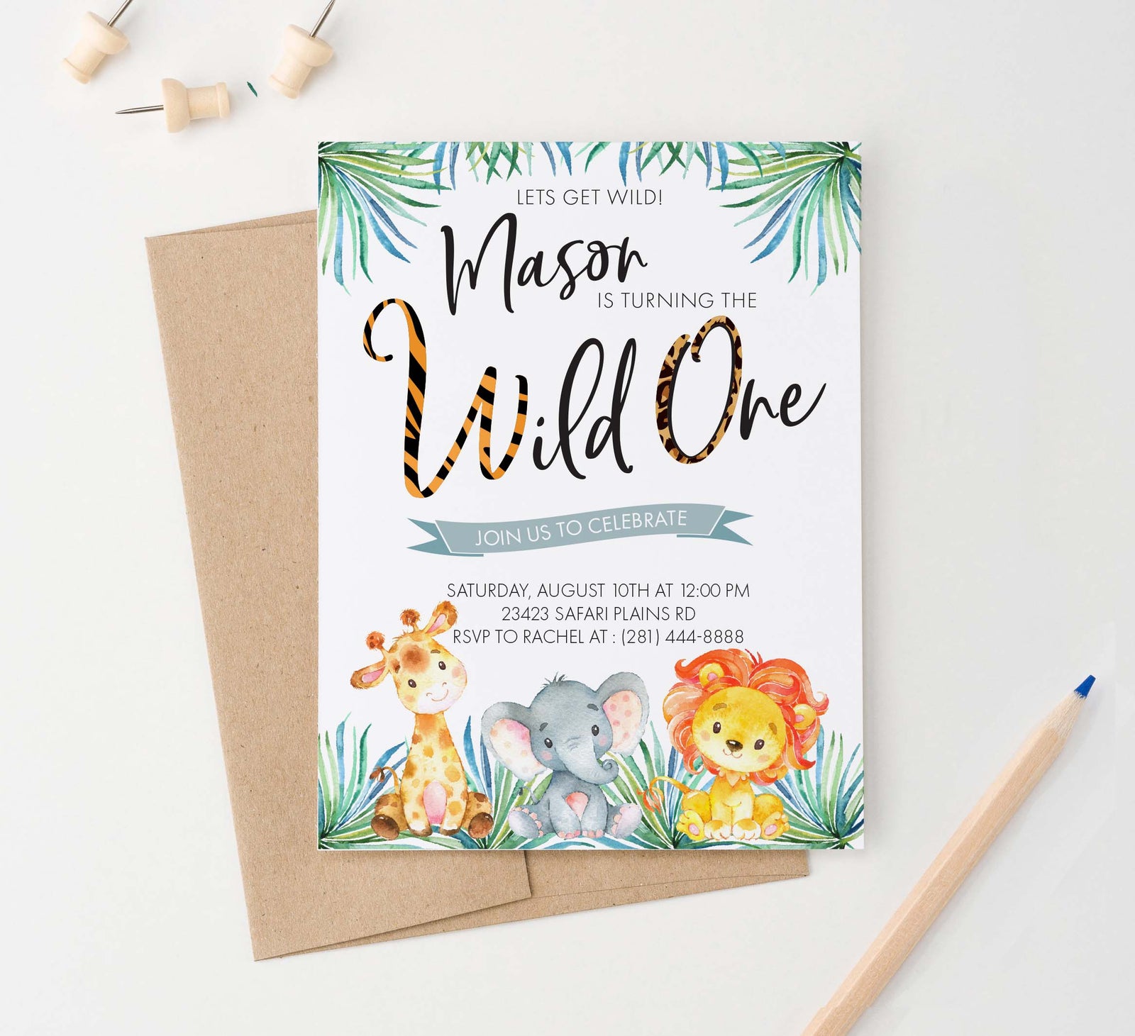 BI040 wild one birthday party invites with safari animals lion giraffe elephant