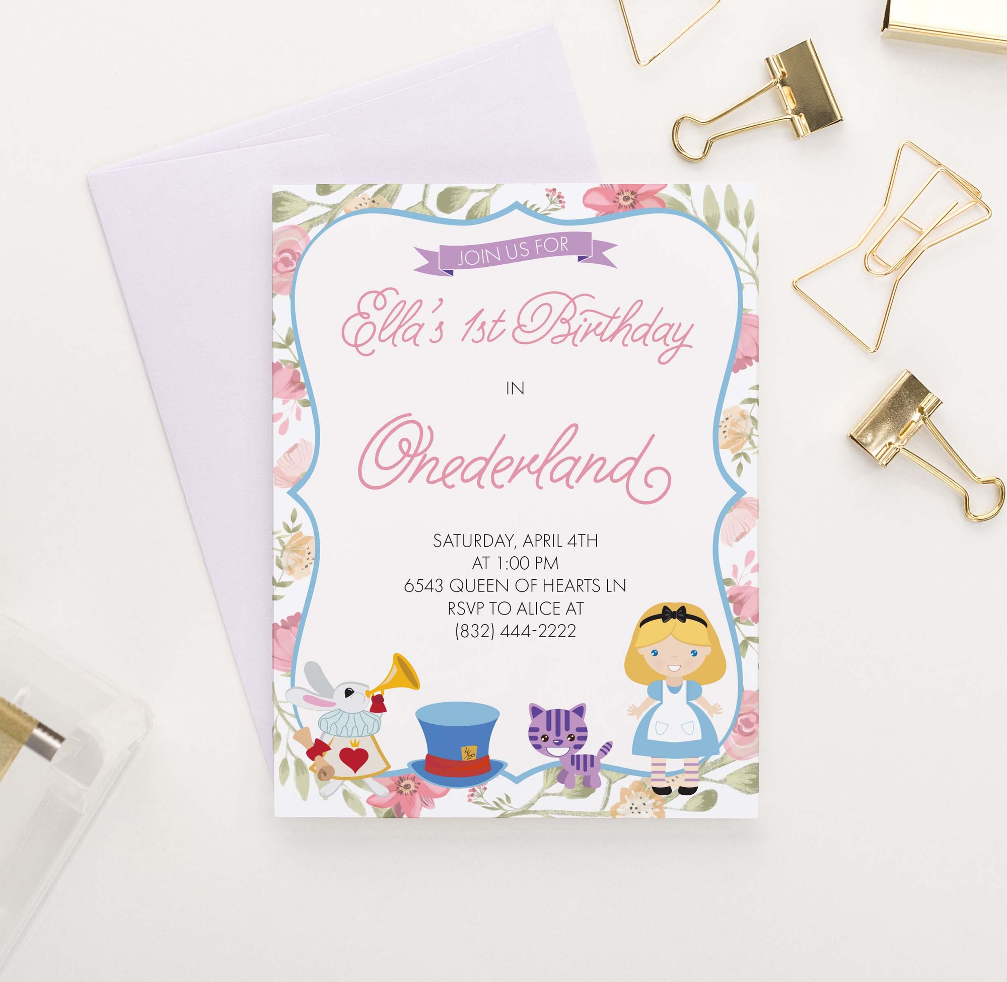 BI043 onederland birthday party invites for girls alice cat tophat