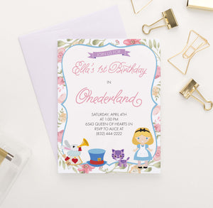 BI043 onederland birthday party invites for girls alice cat tophat 1