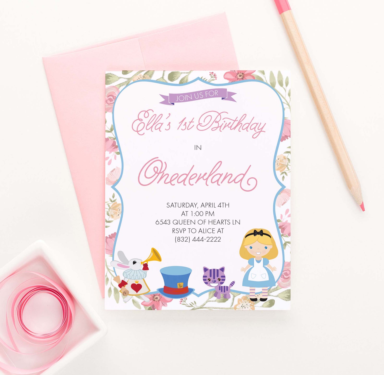 BI043 onederland birthday party invites for girls alice cat tophat