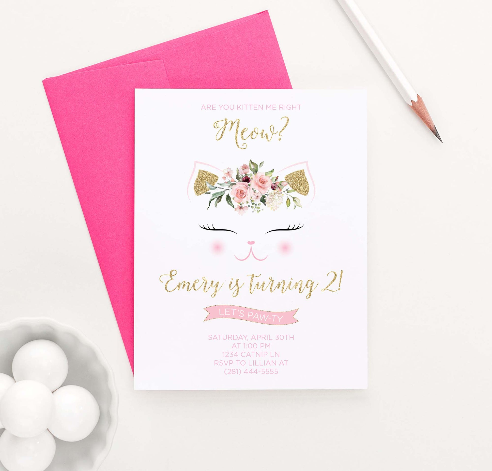 Cute Cat Birthday Party Invites with Florals