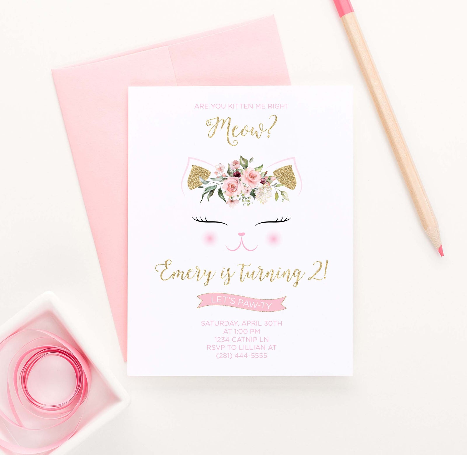 Cute Cat Birthday Party Invites with Florals