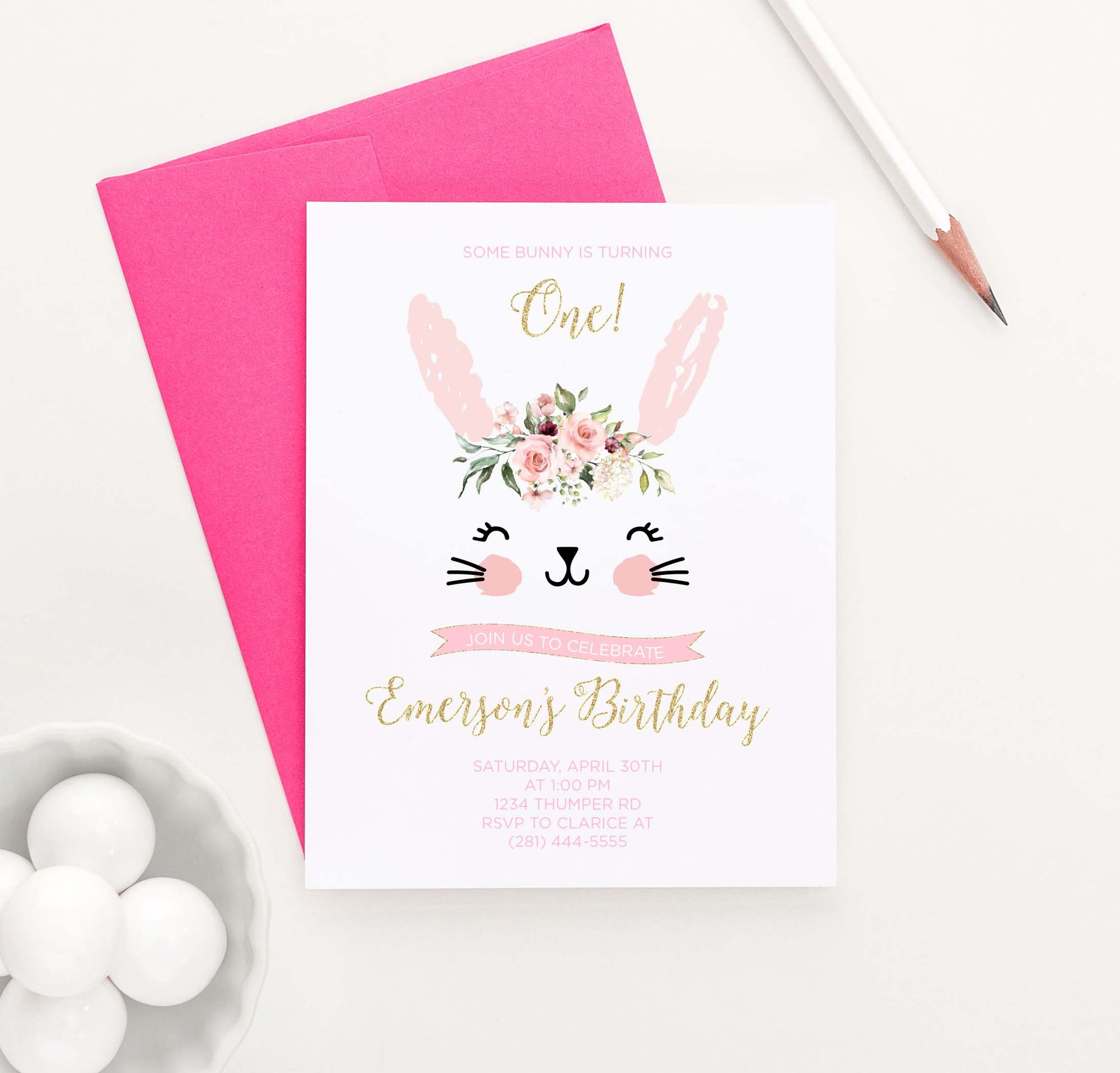BI048 cute bunny birthday party invites personalized rabbit florals animal