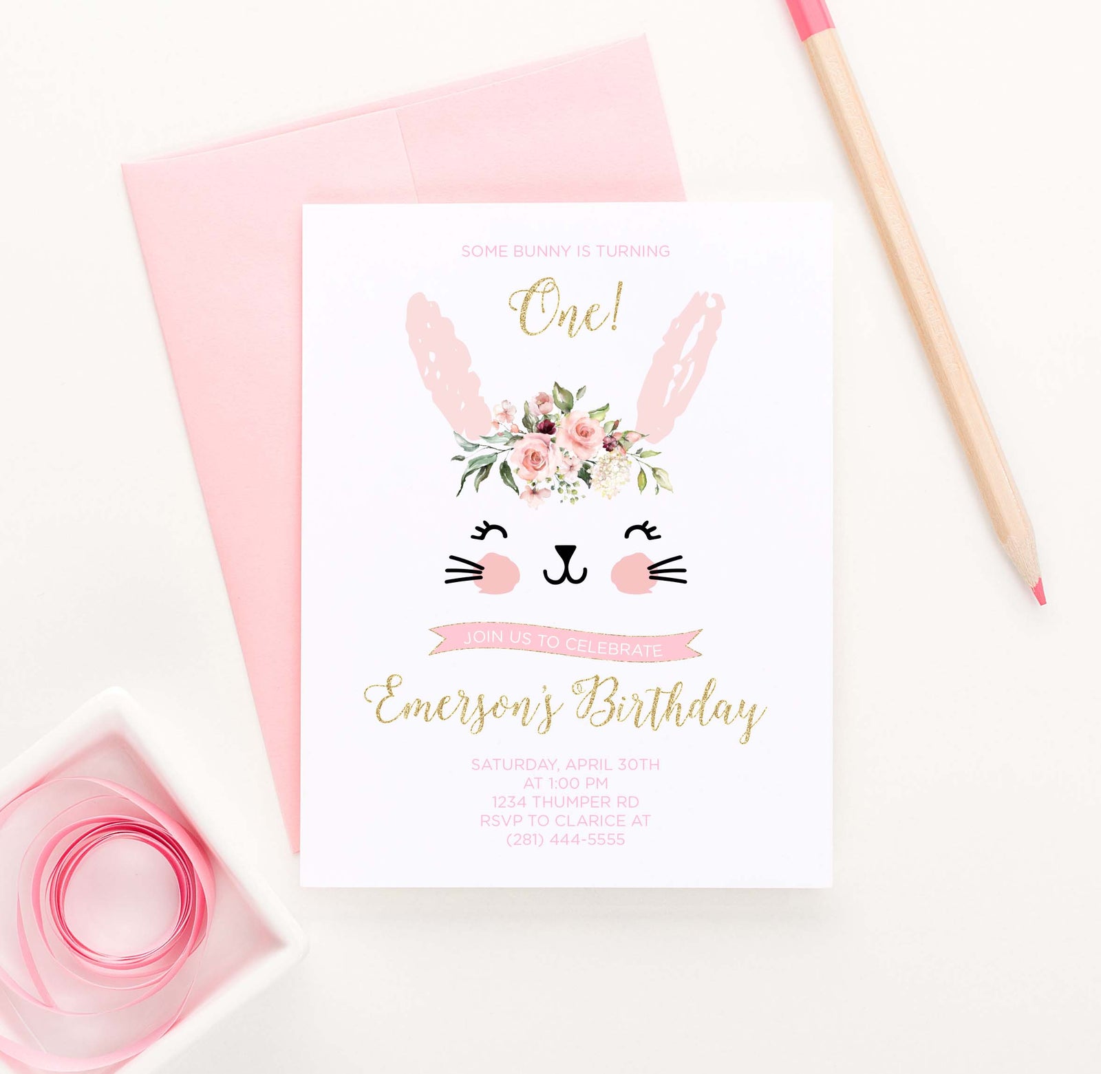 BI048 cute bunny birthday party invites personalized rabbit florals animal