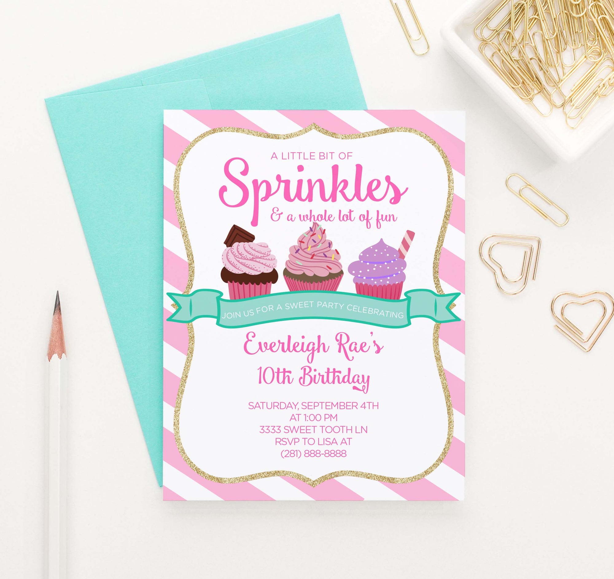 BI049 personalized cupcake birthday party invitations for girl sweet cake sprinkles