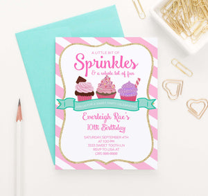BI049 personalized cupcake birthday party invitations for girl sweet cake sprinkles 1