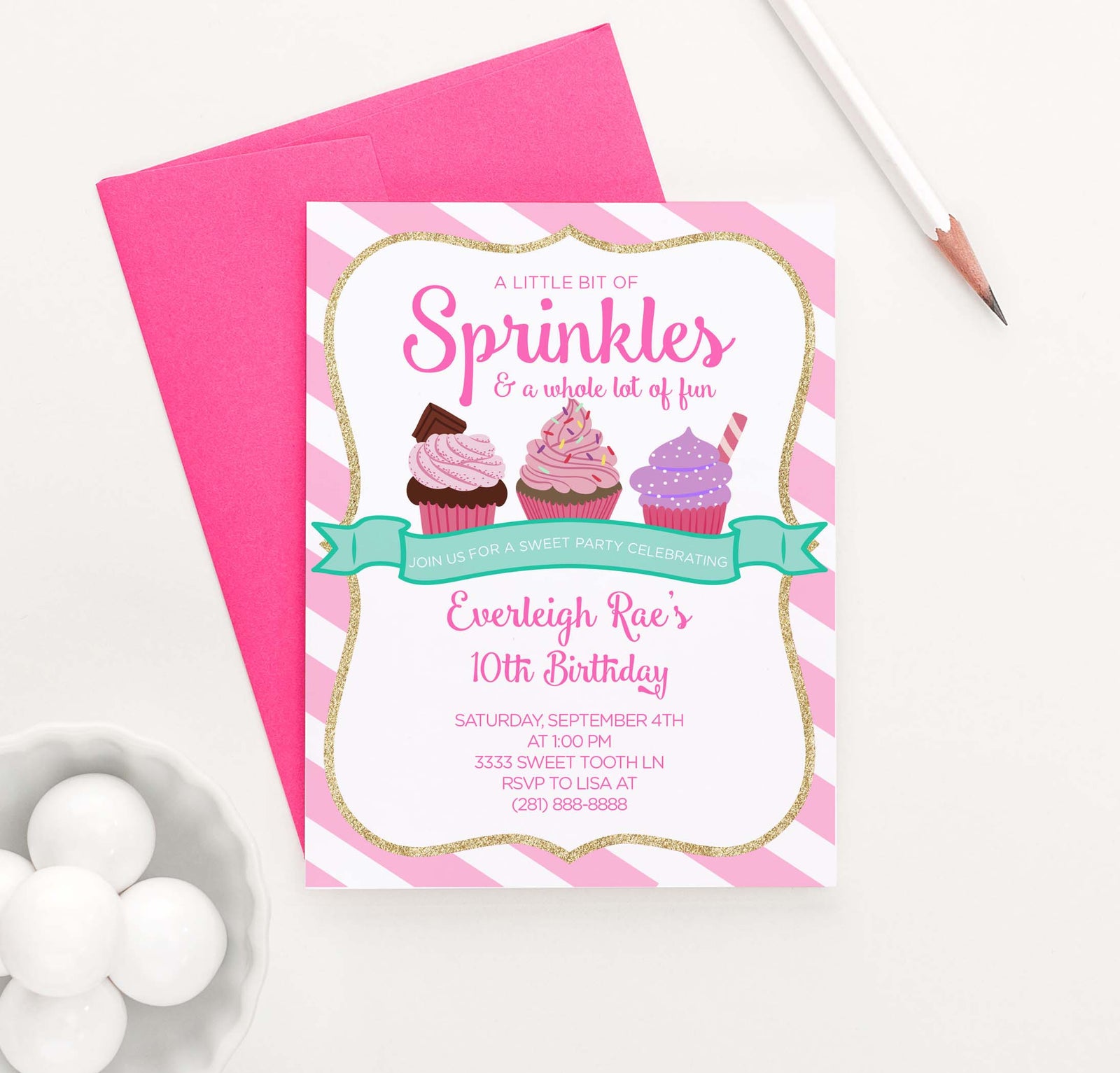 BI049 personalized cupcake birthday party invitations for girl sweet cake sprinkles