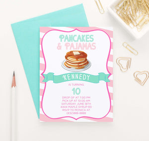 BI055 pancakes and pajames birthday party invitation for girls fun pink stripes