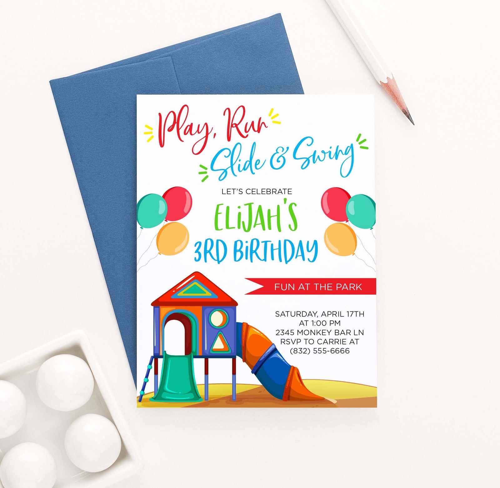 BI058 personalized playground birthday party invites park fun balloons
