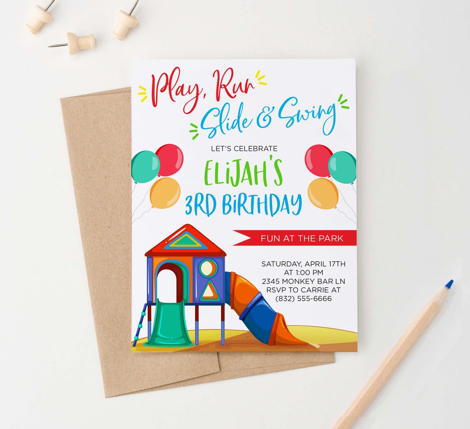 BI058 personalized playground birthday party invites park fun balloons