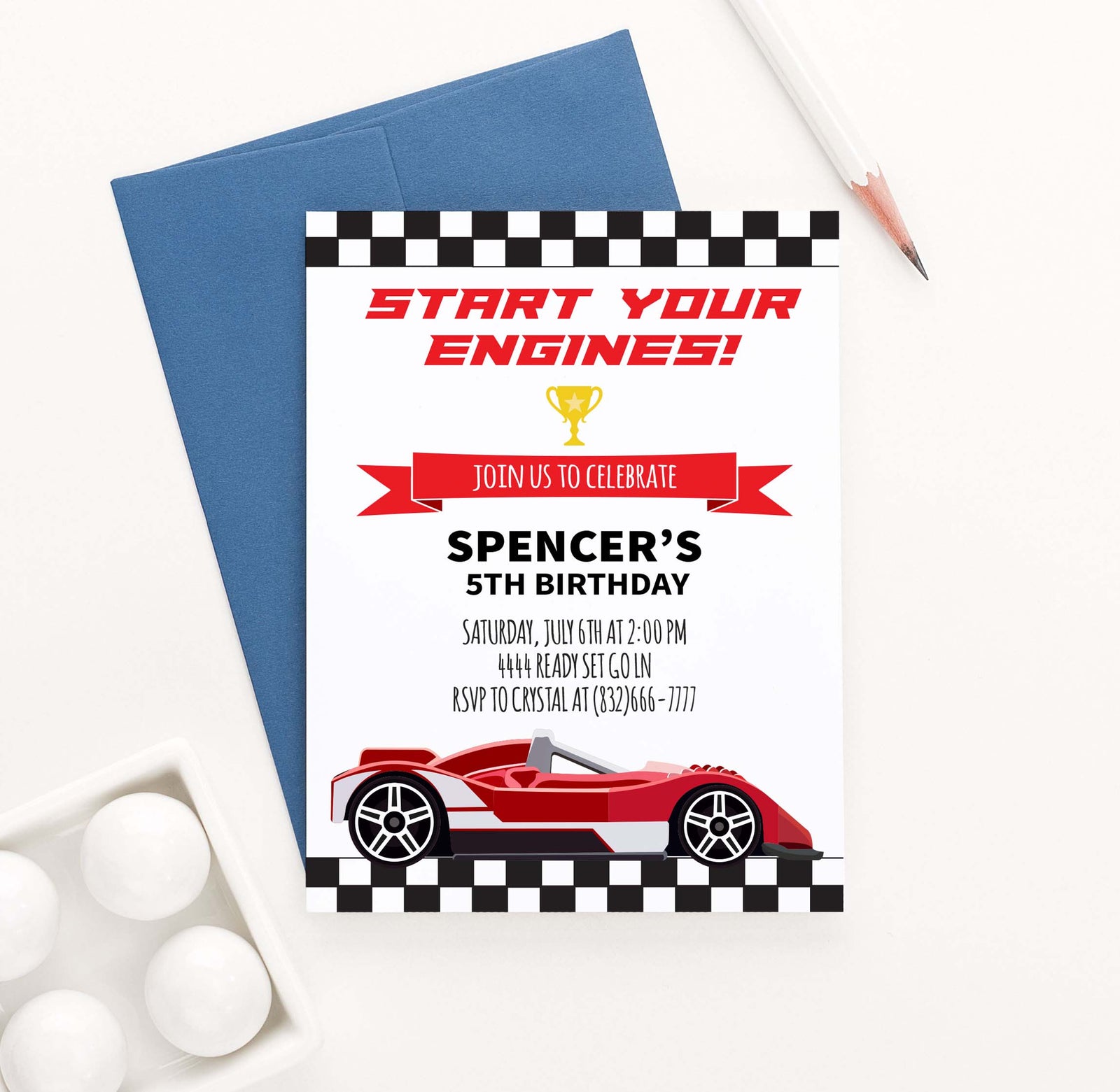 BI061 race car birthday party invites for kids racecar boy boys