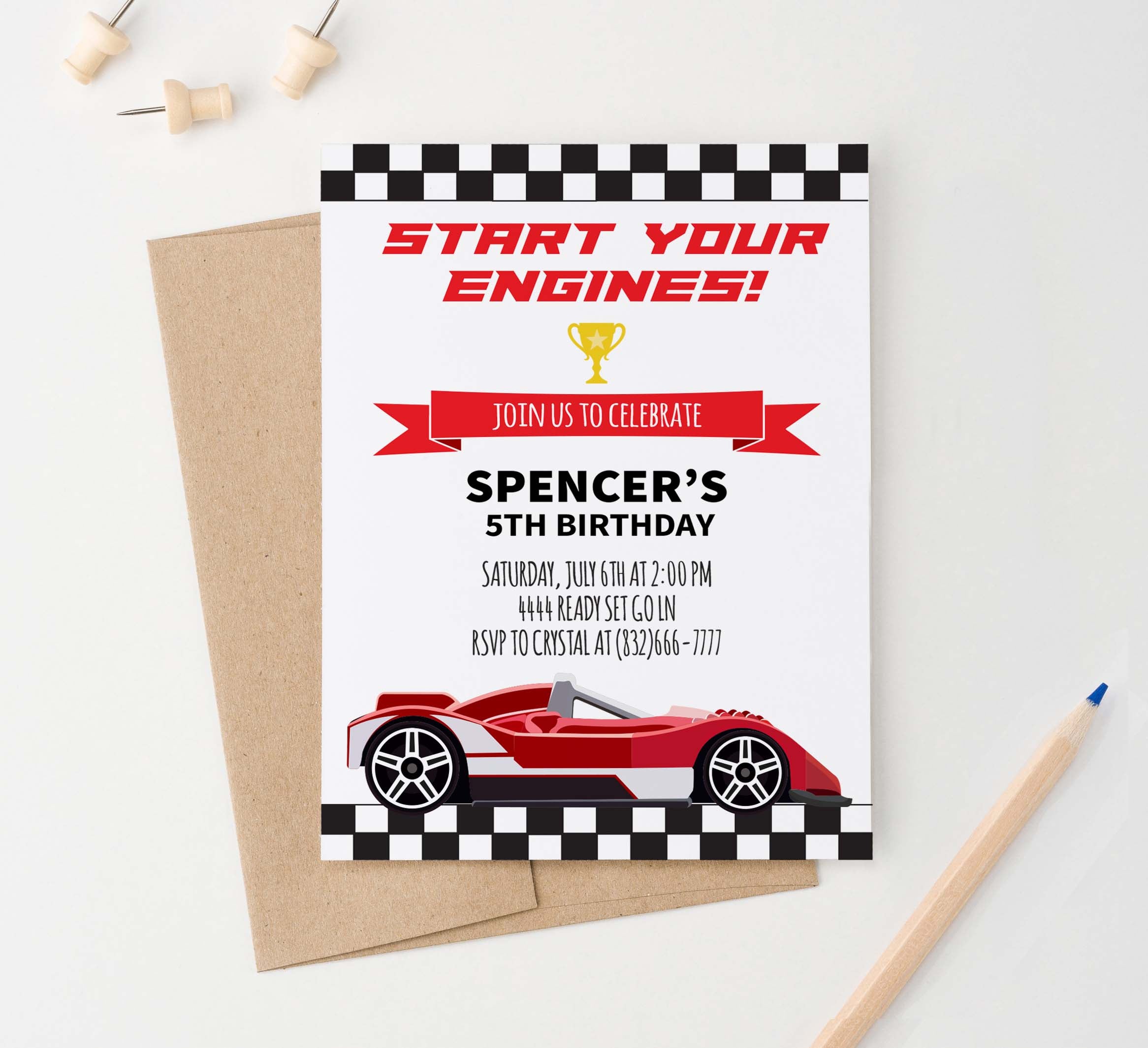 Kids Red Race Car Personalized Stationary Set - Modern Pink Paper